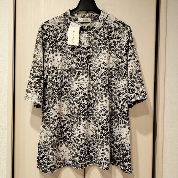 【M~Lサイズ】新品タグ付き 半袖カットソー ハイネック レディース トップス ミセス 麻&ポリエステル 花柄⑤ 船場ニット 118266 送料無料