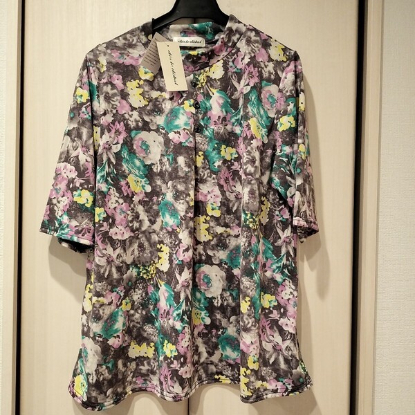 【M~Lサイズ】新品タグ付き 半袖カットソー ハイネック レディース トップス ミセス 麻&ポリエステル 花柄⑥ 船場ニット 118266 送料無料