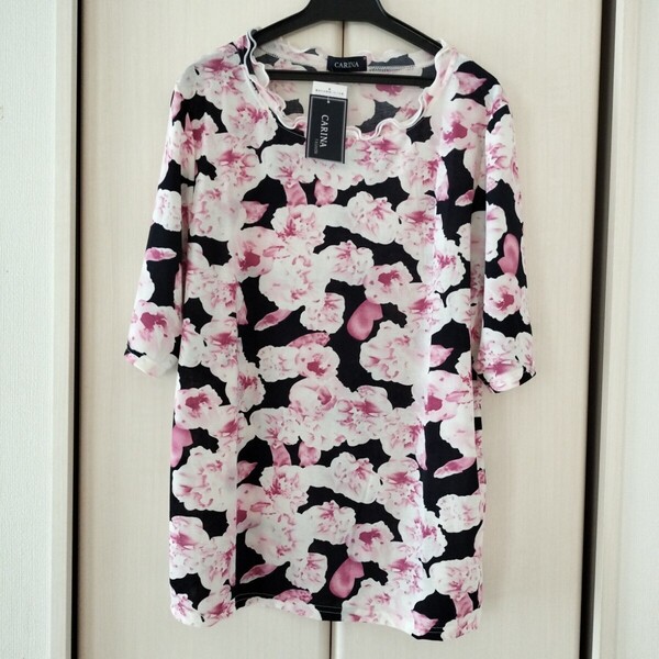 新品タグ付【M~L】CARINA 春夏 薄手 半袖 カットソー ミセス レディース 首元フリル ピンク 黒 花柄 送料無料 5224-1305