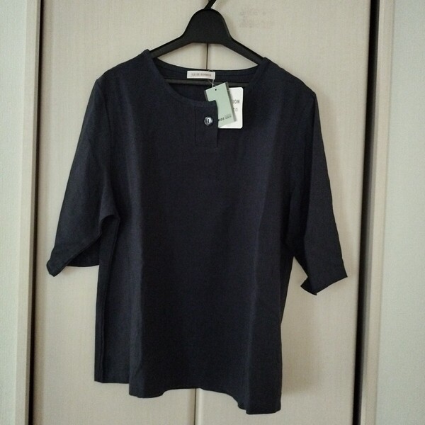 新品タグ付【M~L】ILE DE BONHEUR 春夏 ヘンリーネック 半袖カットソー Tシャツ ミセス レディース コットン 綿100% 2268 ネイビー 紺色