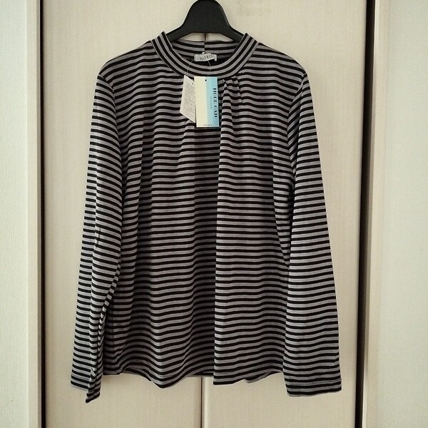 新品タグ付【M~Lサイズ】ELLENCE エレンス 長袖 ハイネック カットソー ミセス レディース ボーダー トップス グレー×黒 2239 送料無料