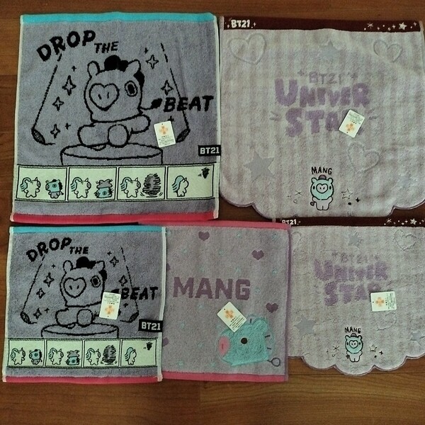 【BT21 MANG】5枚セット 新品 丸眞 ミニタオル&ハンドタオル BTS J-HOPE(ジェイホープ)ベビーMANG フェイス ハンカチタオル 送料無料