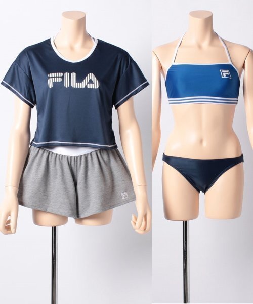 11号Lサイズ 新品 フィラ FILA ブラトップ、ビキニショーツ カバーアップTシャツ ショートパンツ4点セット水着ネイビー送料無料レディース