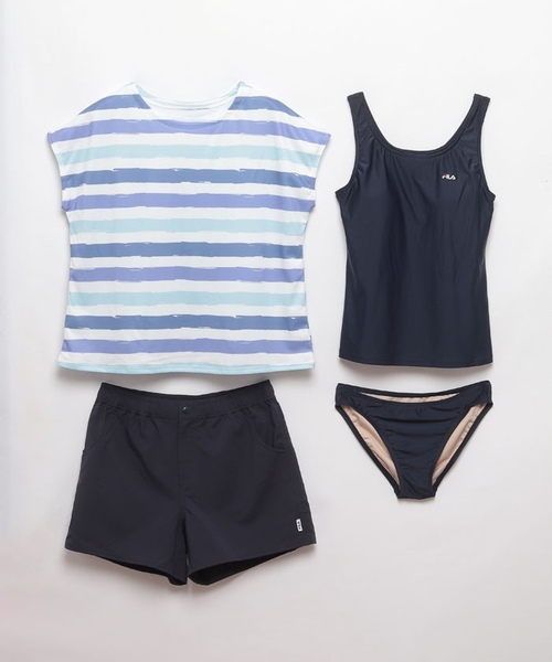 11号 Lサイズ 新品 【FILA/フィラ】レディース ボーダーTシャツ付き 水着4点セット ネイビー 送料無料 324604
