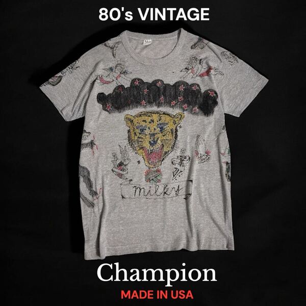 雰囲気抜群 SPECIAL 80's VINTAGE USA製 Champion トリコタグ タトゥー 手書き Tシャツ チャンピオン 80年代 オールドスクール アート 古着