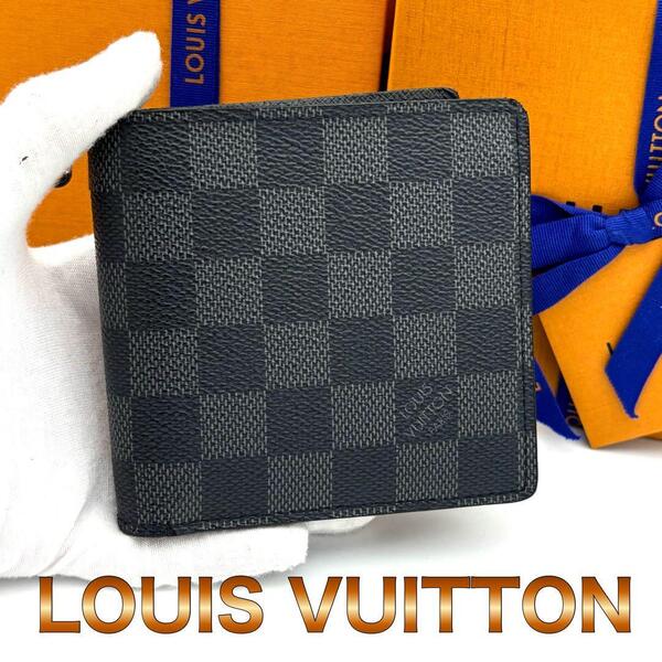 ☆美品☆箱付☆Louis Vuitton ルイヴィトン 二つ折り財布 ポルトフォイユマルコ ダミエグラフィット メンズ レディース ブラック グレー 黒