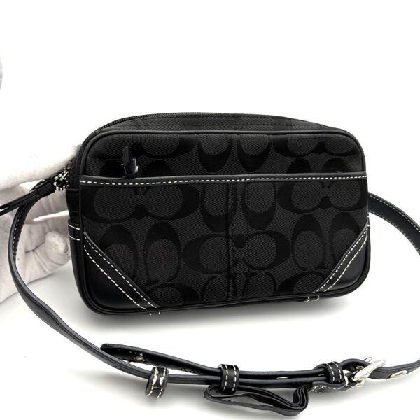 ☆美品☆COACH コーチ ウエストポーチ ボディバッグ ミニバッグ ブラック 黒 シグネチャー レザー キャンバス メンズ レディース