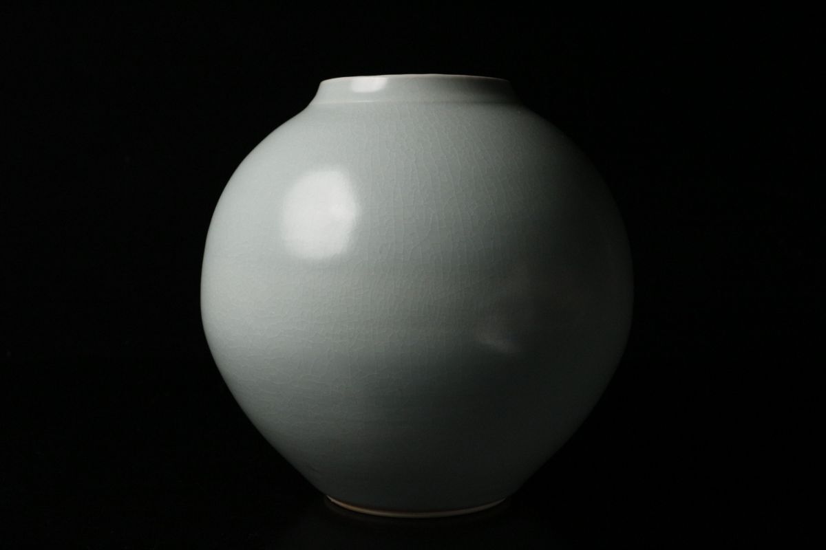 人間国宝 中島宏 青磁壷 24㎝ 花器 弓野窯 共箱 古美術品 [.
