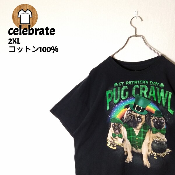 celebrate 半袖 Tシャツ 2XL 3L ブラック 黒 B80 ビッグサイズ 大きめ 大きい ゆるダボ ゆったり ビッグシルエット コットン 綿 パグ