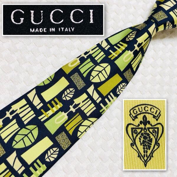 ■美品■GUCCI グッチ ネクタイ ボタニカル ホースビット 総柄 シルク100% イタリア製 グリーン系×ブラック ビジネス