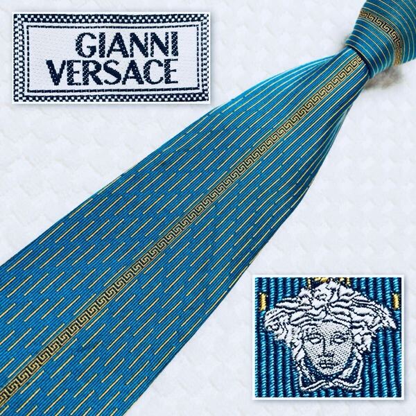 GIANNI VERSACE ジャンニヴェルサーチ ネクタイ ギリシア雷文 短線 メデューサ 総柄 シルク100% イタリア製 ターコイズ