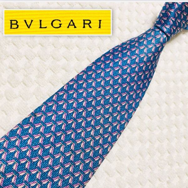■セッテピエゲ■BVLGARI ブルガリ ネクタイ 小鳥 総柄 シルク100% イタリア製 ブルー系×ピンク×パープル 幅広 肉厚 ビジネス