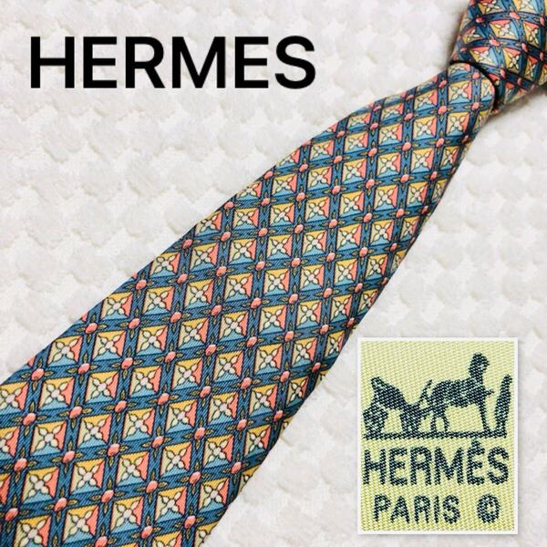 ■美品■HERMES エルメス ネクタイ スクエア ジュエリー 総柄 シルク100% フランス製 7725 OA モスグリーン×オレンジ×イエロー