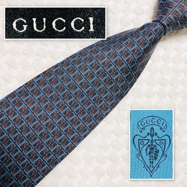■表側美品■GUCCI グッチ ネクタイ Gマーク ロゴ総柄 シルク100% イタリア製 ブルー×ブラウン ビジネス