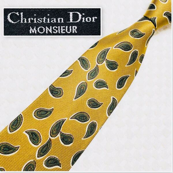 ■美品■Christian Dior クリスチャンディオール ネクタイ ペイズリー風 総柄 シルク100% イエローカーキ×グリーン ビジネス