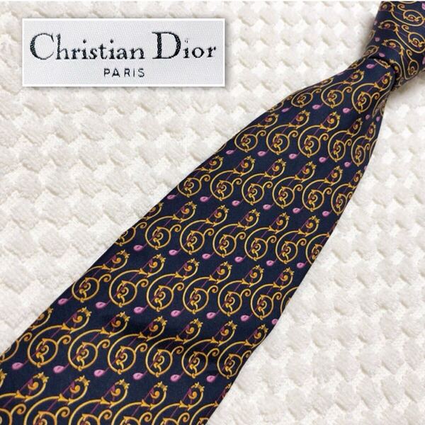 Christian Dior クリスチャンディオール ネクタイ 音符 総柄 フランス製 ネイビー×ゴールド・パープル ビジネス