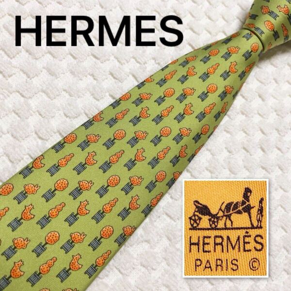 ■美品■HERMES エルメス ネクタイ 植木 総柄 シルク100% フランス製 5240 SA グリーン系×オレンジ ビジネス