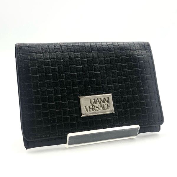 GIANNI VERSACE ジャンニヴェルサーチ 名刺入れ カードケース ロゴプレート イントレチャートデザイン レザー ブラック メンズ