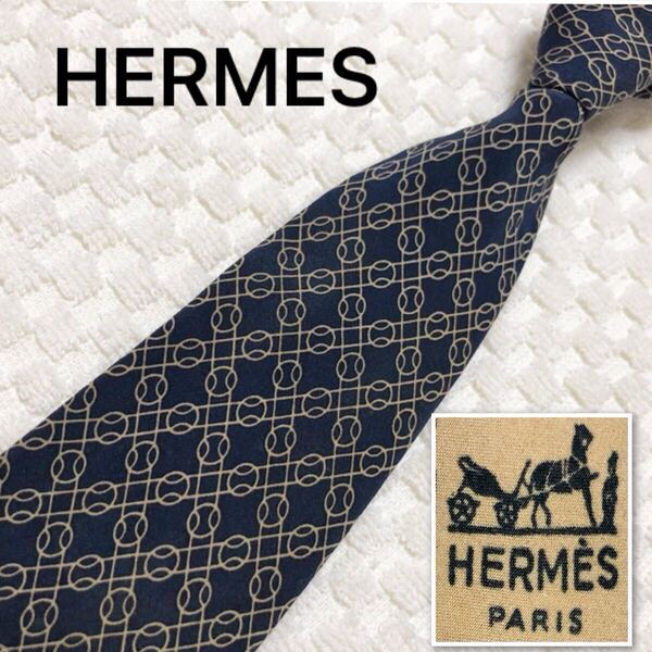HERMES エルメス ネクタイ 格子 サークル ボール 総柄 シルク100% フランス製 775 UA ネイビー×ベージュ