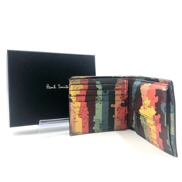 ■良品■稀少■Paul Smith ポールスミス 世界地図のマルチストライプ 二つ折り財布 レザー ブラック×マルチカラー イタリア製 箱