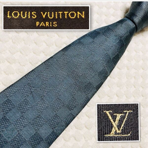 LOUIS VUITTON ルイヴィトン クラヴァット ネクタイ ダミエ シルク100% イタリア製 グレー系(青緑が混じったグレー) ビジネス