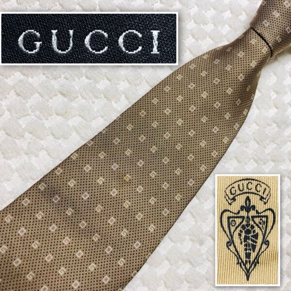 GUCCI グッチ ネクタイ Gマーク スクエア ドット 総柄 シルク100% イタリア製 ベージュ系