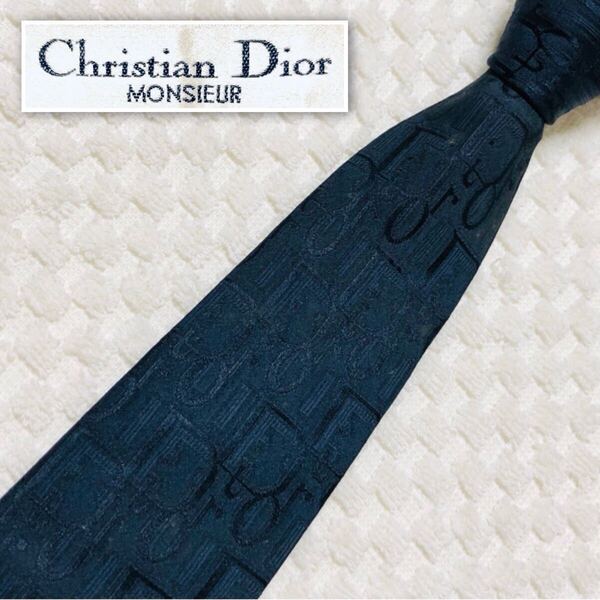 ■良品■Christian Dior クリスチャンディオール ネクタイ トロッター シャドー ロゴ総柄 シルク100% ネイビー ビジネス