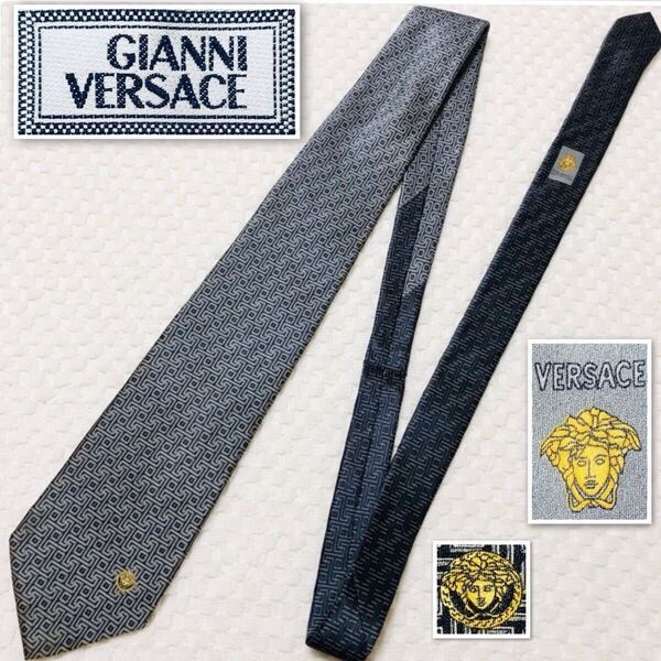 GIANNI VERSACE ジャンニヴェルサーチ ネクタイ ギリシア雷文 メデューサ 総柄 シルク100% イタリア製 ブラック×シルバー