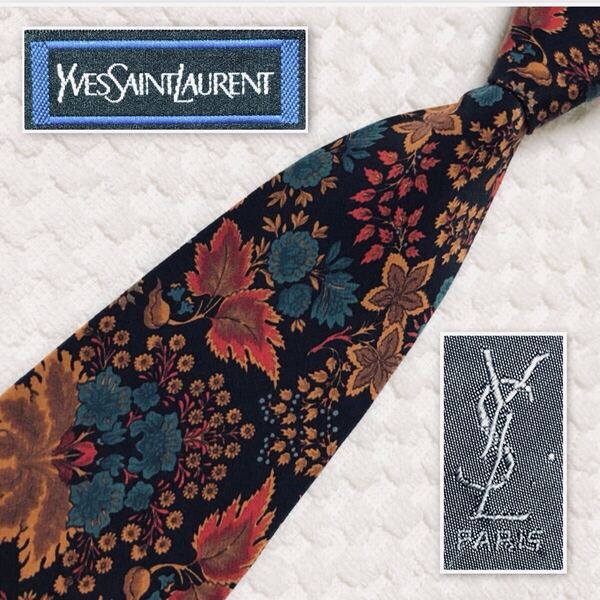 ■美品■Yves saint Laurent イヴサンローラン ネクタイ 花柄 葉っぱ ボタニカル シルク100% イタリア製 ブラック×マルチカラー