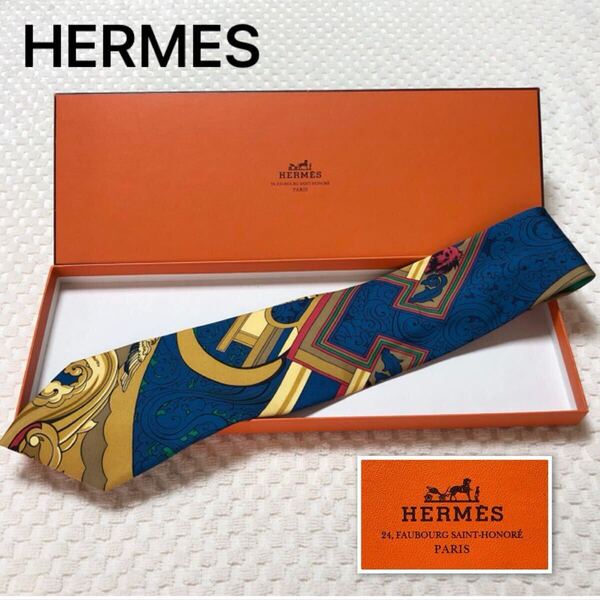 ■美品■HERMES エルメス ネクタイ カレ風 スカーフ柄 総柄 シルク100% フランス製 マルチカラー 箱付き