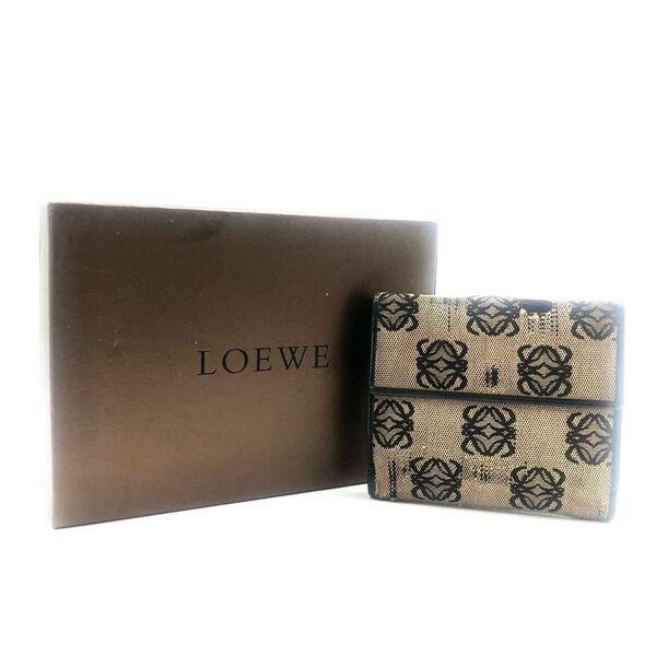 LOEWE ロエベ リピートアナグラム 三つ折り財布 キャンバス×レザー ベージュ×ブラック シルバー金具 スペイン製 箱あり