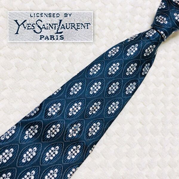 ■美品■Yves saint Laurent イヴサンローラン ネクタイ 百合の紋章風総柄 ネイビー×シルバー ビジネス