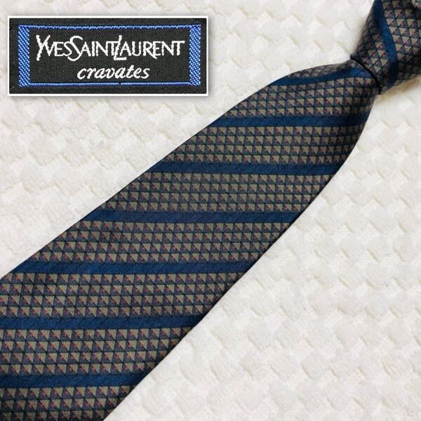 ■良品■Yves saint Laurent イヴサンローラン ネクタイ レジメンタルストライプ シルク100% 日本製 カーキ系×ブルー ビジネス