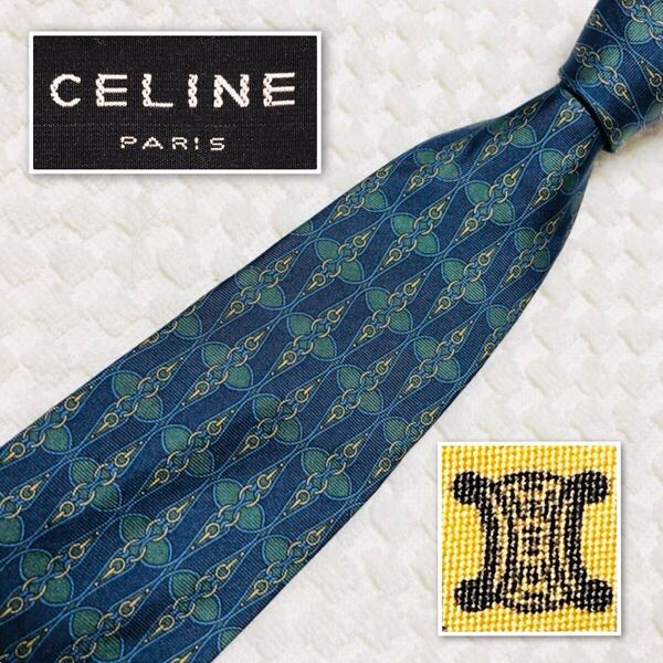 ■美品■CELINE セリーヌ ネクタイ 金具 総柄 シルク100% スペイン製 ブルー×グリーン ビジネス