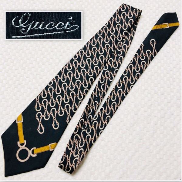 ■美品■GUCCI グッチ ネクタイ スカーフ柄 金具 ベルト 馬具 総柄 シルク100% イタリア製 ブラック×ベージュ×キャラメル