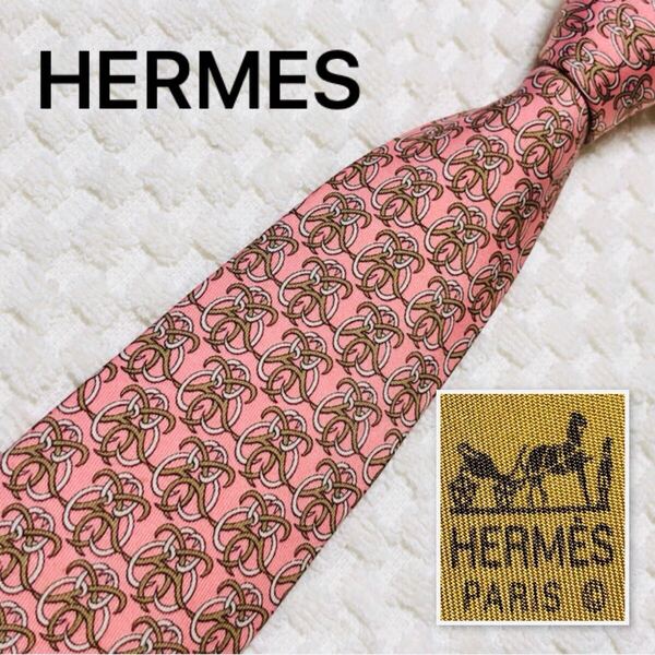 ■良品■HERMES エルメス ネクタイ 金具 ツタ 総柄 シルク100% フランス製 7572 SA ピンク系 ビジネス