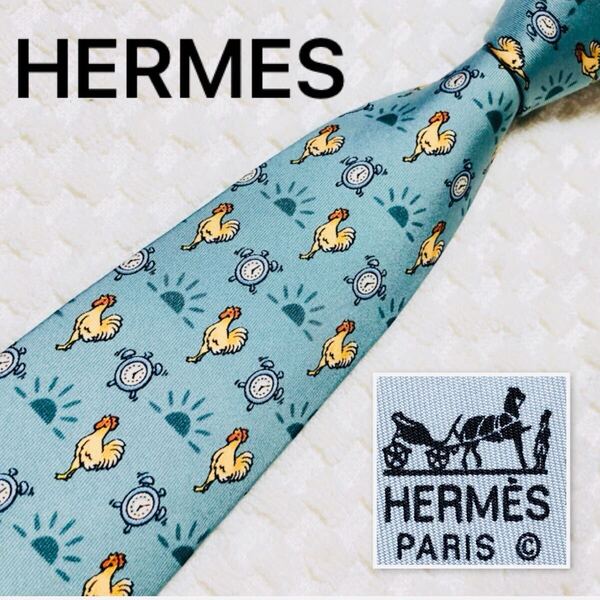 HERMES エルメス ネクタイ 夜明け ニワトリ 時計 朝日 総柄 シルク100% フランス製 7566 SA グリーン系