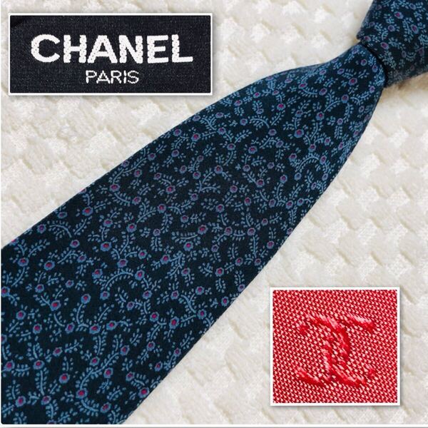 ■良品■CHANEL シャネル ネクタイ 植物 ボタニカル 総柄 シルク100% フランス製 ブルー系
