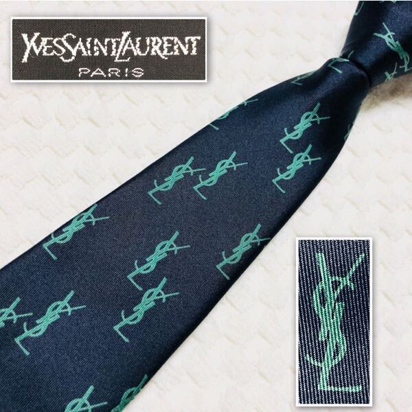 ■美品■稀少デザイン■Yves saint Laurent イヴサンローラン ネクタイ YSLロゴ総柄 シルク100% イタリア製 ネイビー×グリーン