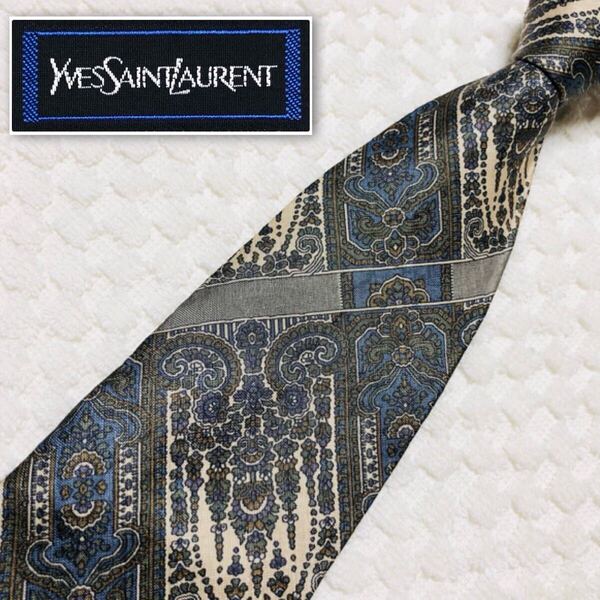 ■美品■Yves saint Laurent イヴサンローラン ネクタイ 装飾 総柄 シルク100% 日本製 グレー×ブルー×ベージュ ビジネス