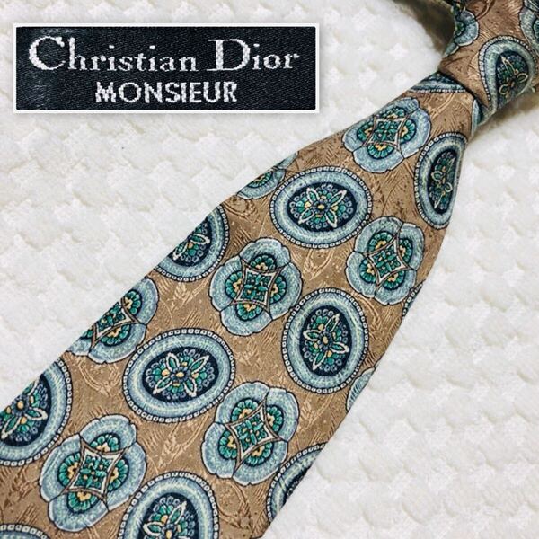 ■良品■Christian Dior クリスチャンディオール ネクタイ ジュエリー 総柄 シルク100% ベージュ×グリーン ビジネス