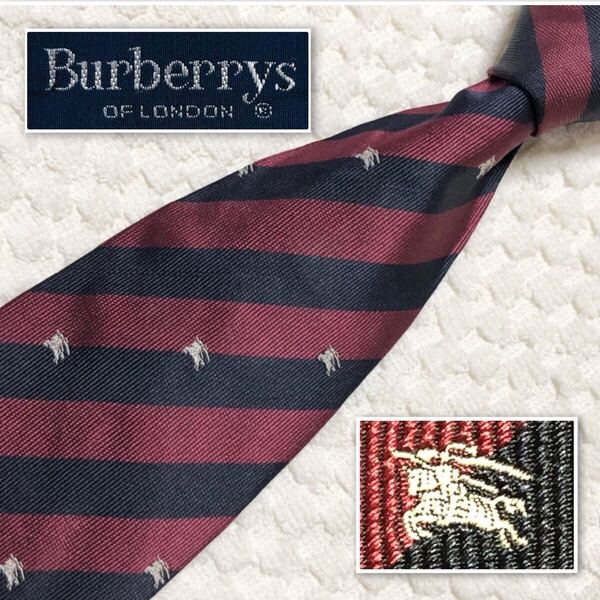 Burberrys バーバリー ネクタイ シルク100% イタリア製 ストライプ&ホースマーク刺繍ロゴ総柄 ボルドー×ネイビー ビジネス