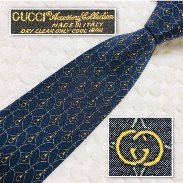 ■美品■GUCCI グッチ ネクタイ リング ホースビット 総柄 シルク100% イタリア製 ネイビー ビジネス