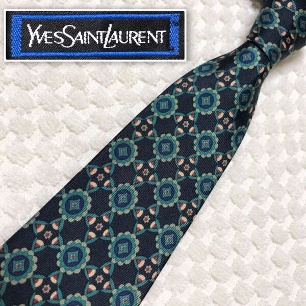 ■美品■Yves saint Laurent イヴサンローラン ネクタイ 総柄 シルク100% 米国製 ネイビー×グリーン等 ビジネス