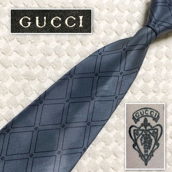 GUCCI グッチ ネクタイ スクエア Gロゴ 総柄 シルク混 イタリア製 くすみブルー ビジネス