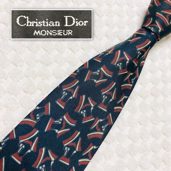 Christian Dior クリスチャンディオール ネクタイ 総柄 シルク100% フランス製 ネイビー ビジネス