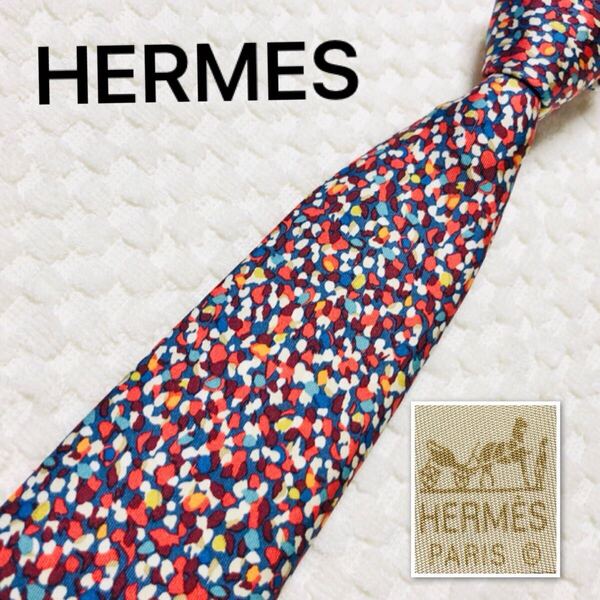 ■美品■HERMES エルメス ネクタイ マーブル 総柄 マルチカラー シルク100% フランス製 7891 MA ビジネス