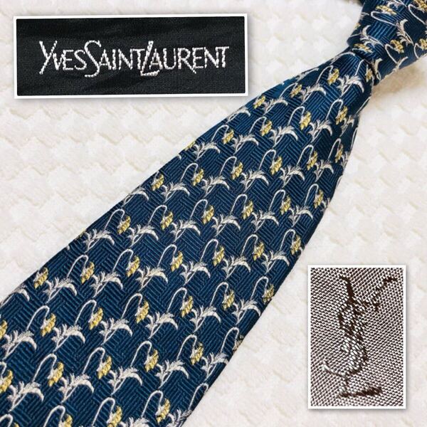 Yves saint Laurent イヴサンローラン ネクタイ 花柄 フラワー 総柄 シルク100% 日本製 ネイビー ビジネス