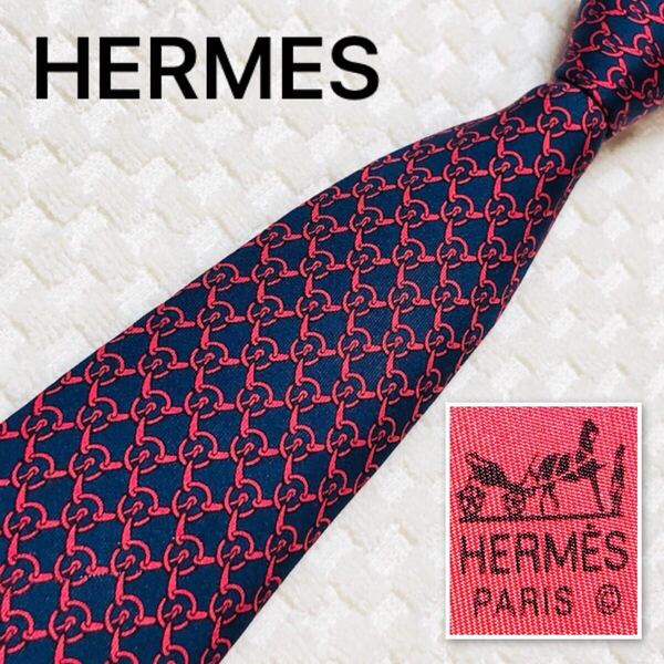 ■美品■HERMES エルメス ネクタイ 金具 サークル 総柄 シルク100% フランス製 5200 IA ブルー×レッド ビジネス
