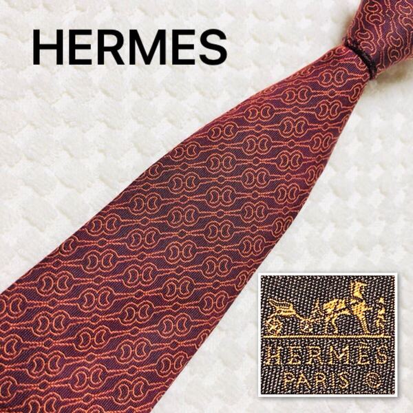 HERMES エルメス ネクタイ ホースビット 総柄 シルク100% フランス製 758707 T えんじ系 ビジネス